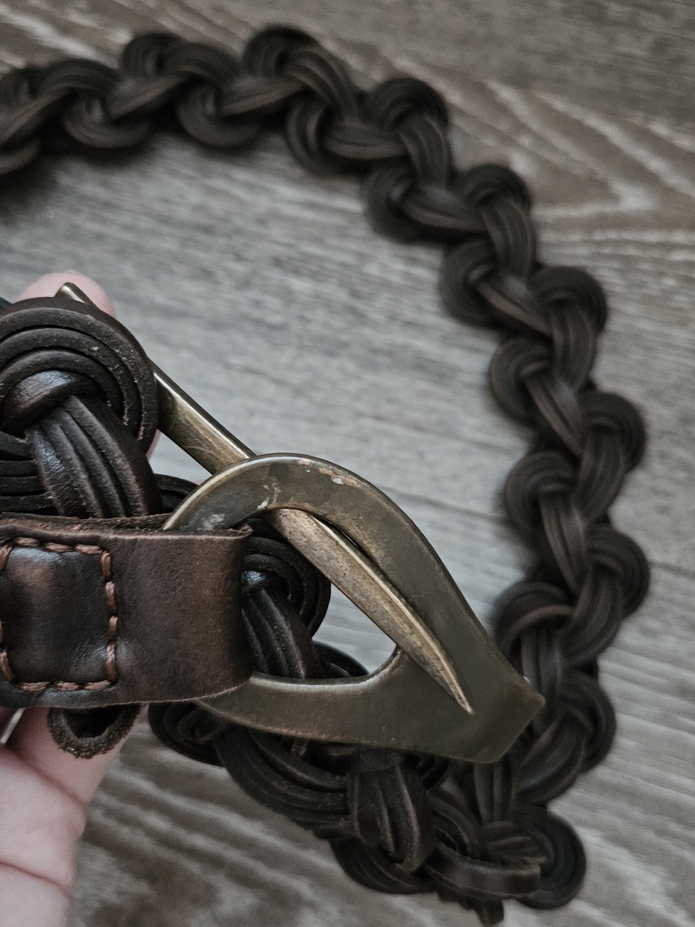 Vintage Braided Dark Brown Leather Belt with Antique Brass Buckle